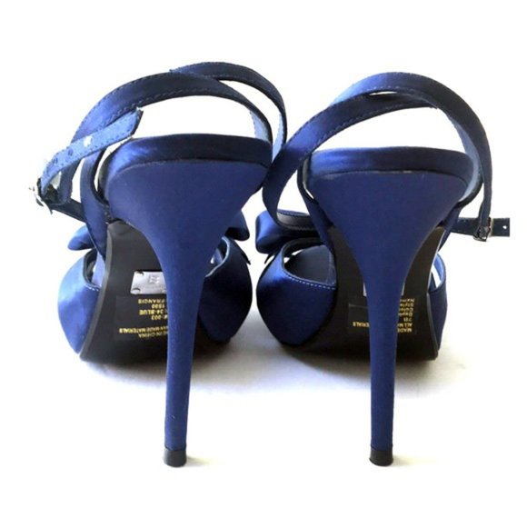 Bakers Shoes Vintage Bakers Navy Satin Bow Ankle Strap Heels 7